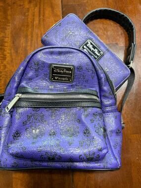 Disney Parks Loungefly Haunted Mansion Purple Wallpaper Backpack and Wallet Set